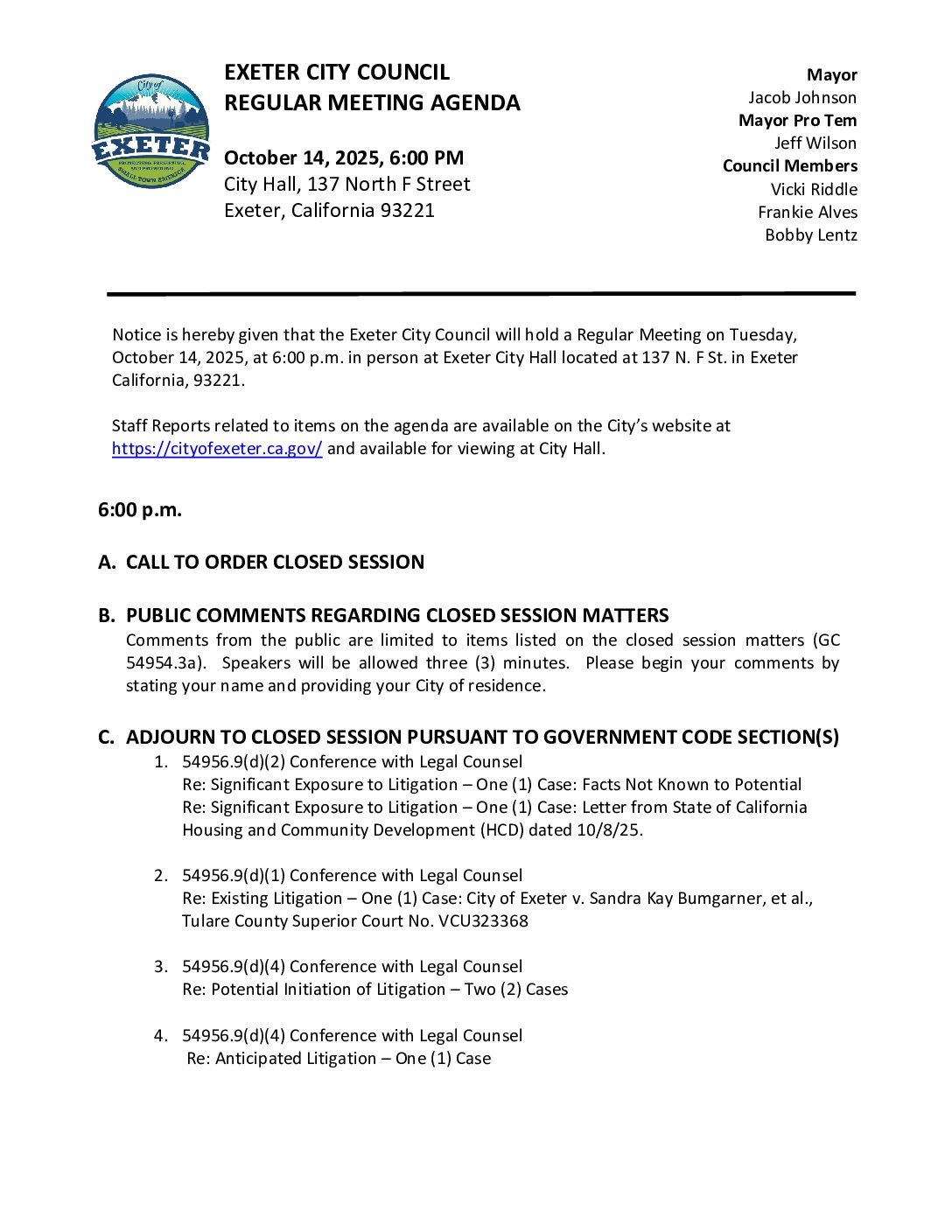 October 14, 2025 Regular Meeting of the Exeter City Council Agenda