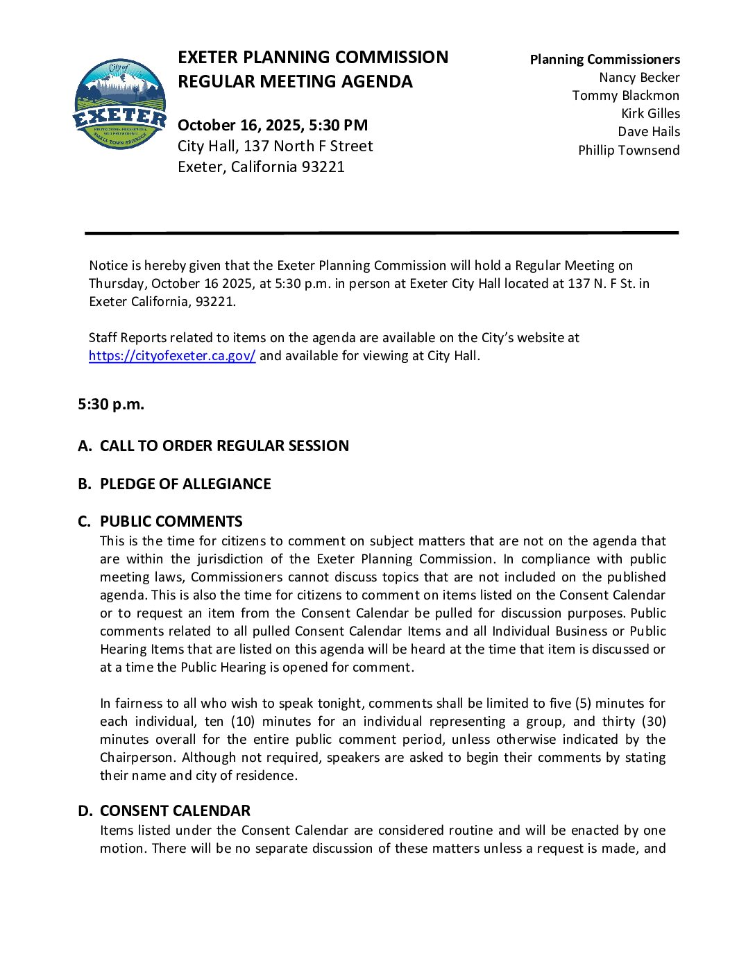 October 16, 2025 Regular Meeting of the Exeter Planning Commission Agenda