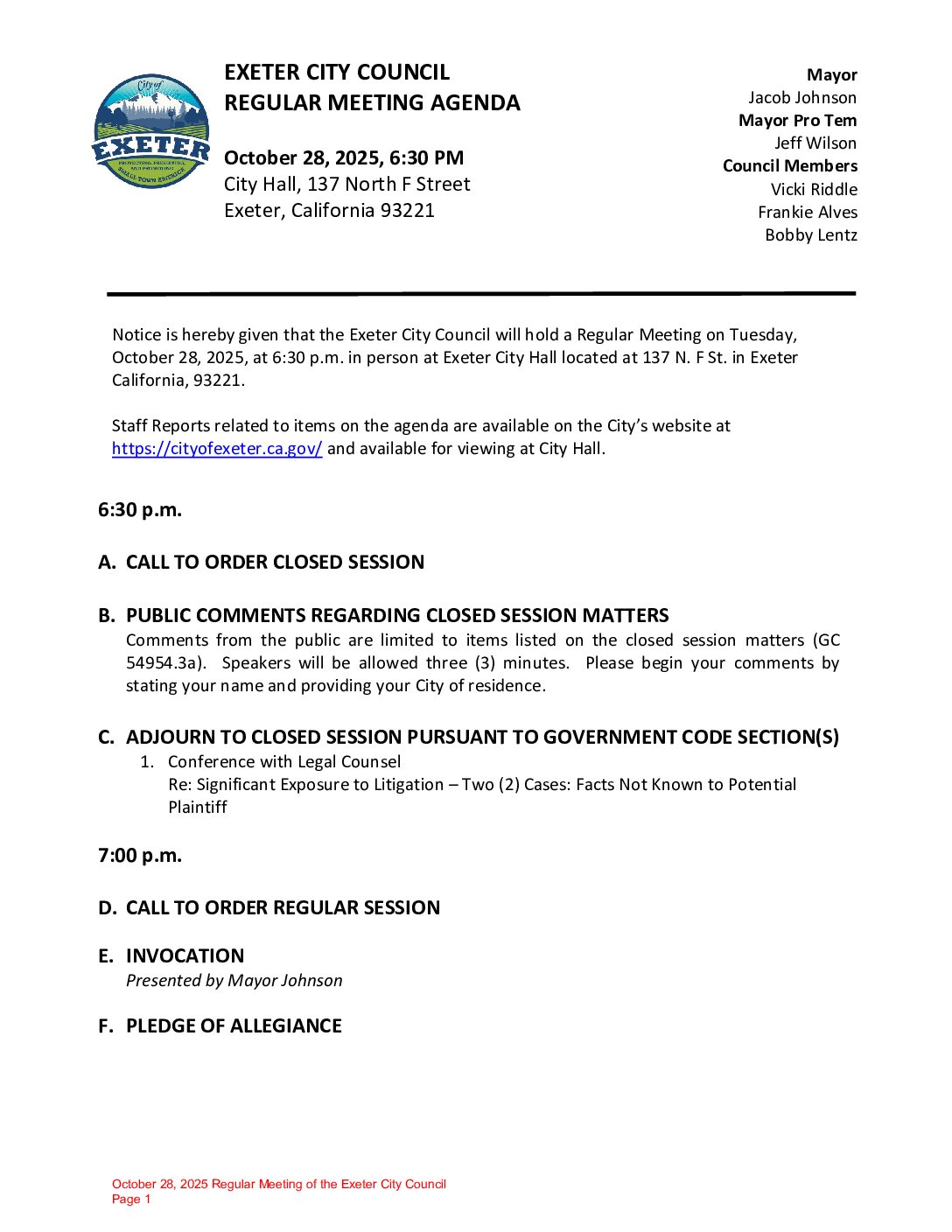October 28, 2025 Regular Meeting of the Exeter City Council Agenda Packet