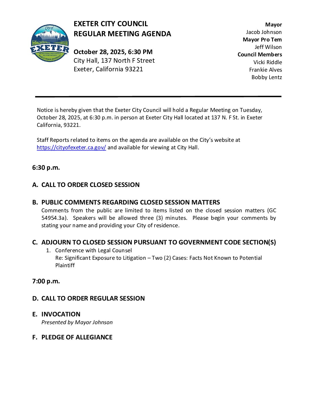 October 28, 2025 Regular Meeting of the Exeter City Council Agenda
