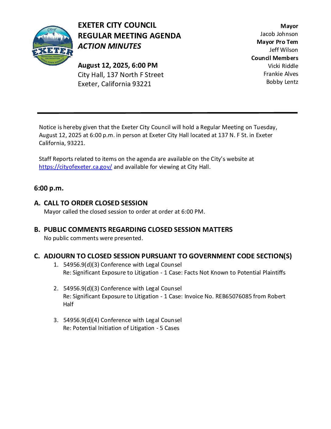 August 12, 2025 City Council Meeting Minutes