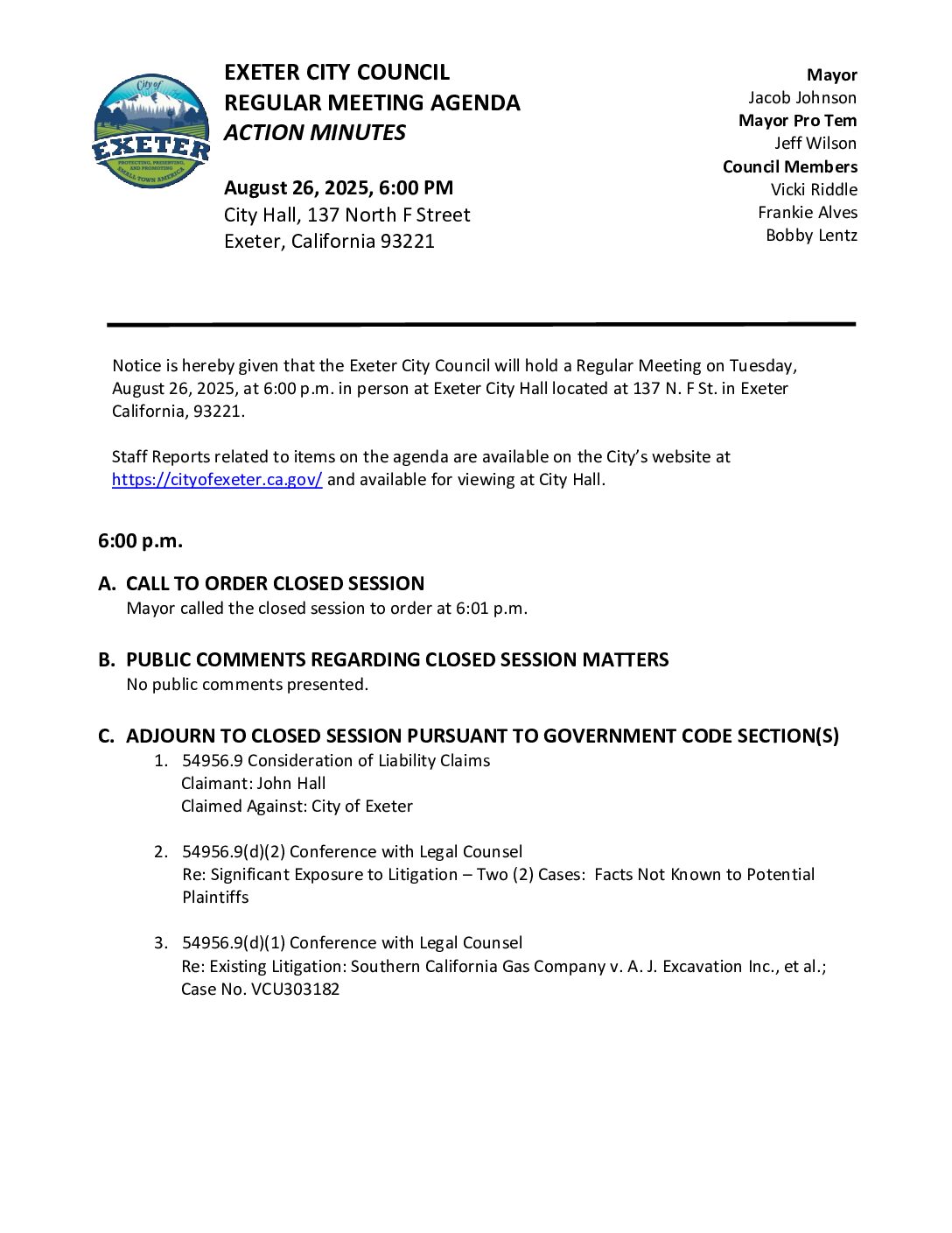 August 26, 2025 City Council Meeting Minutes