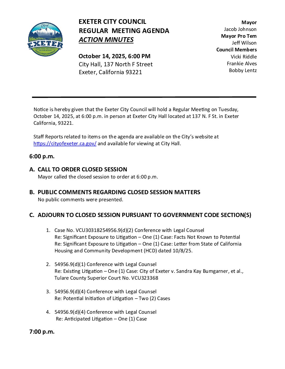 October 14, 2025 City Council Meeting Minutes