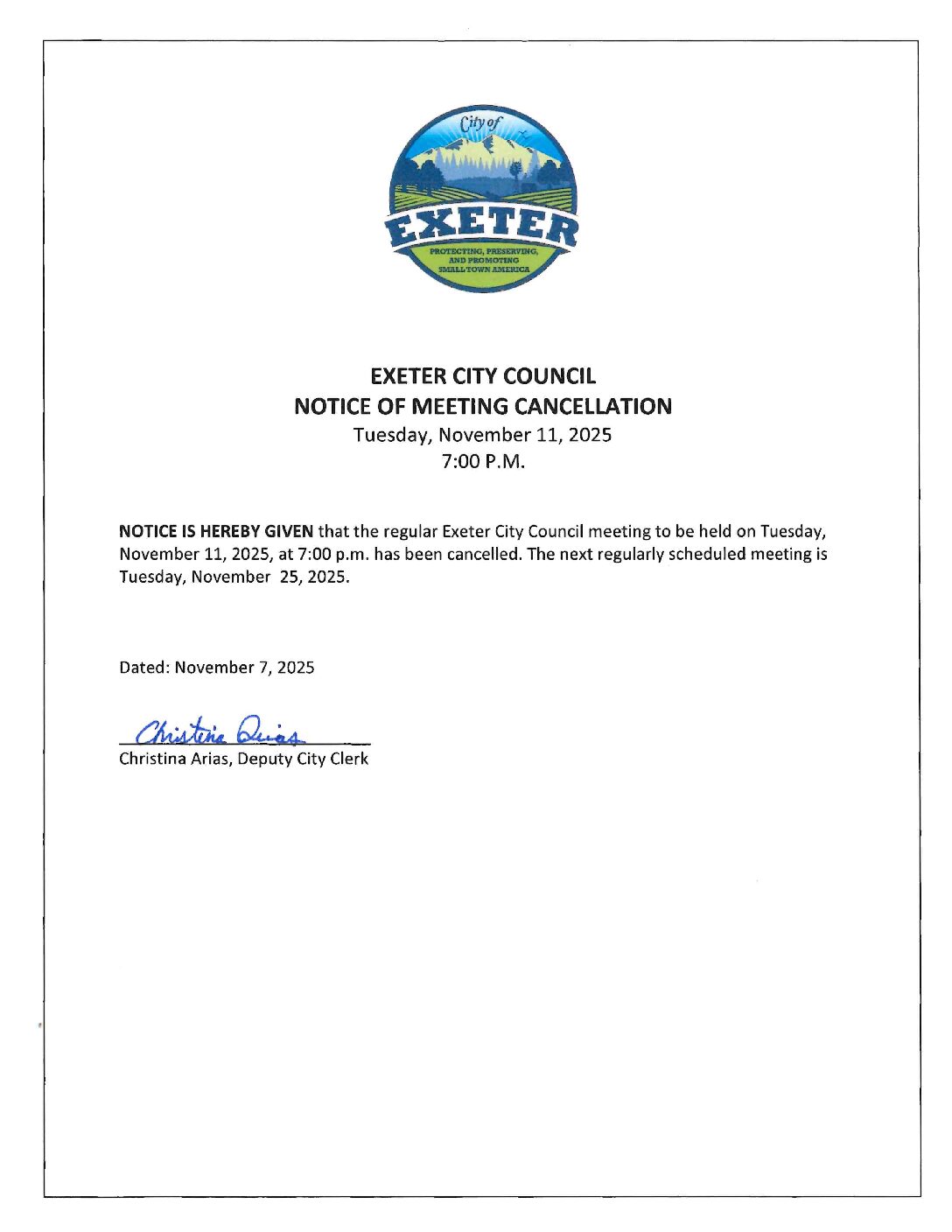 November 11, 2025 Exeter City Council Notice of Meeting Cancellation