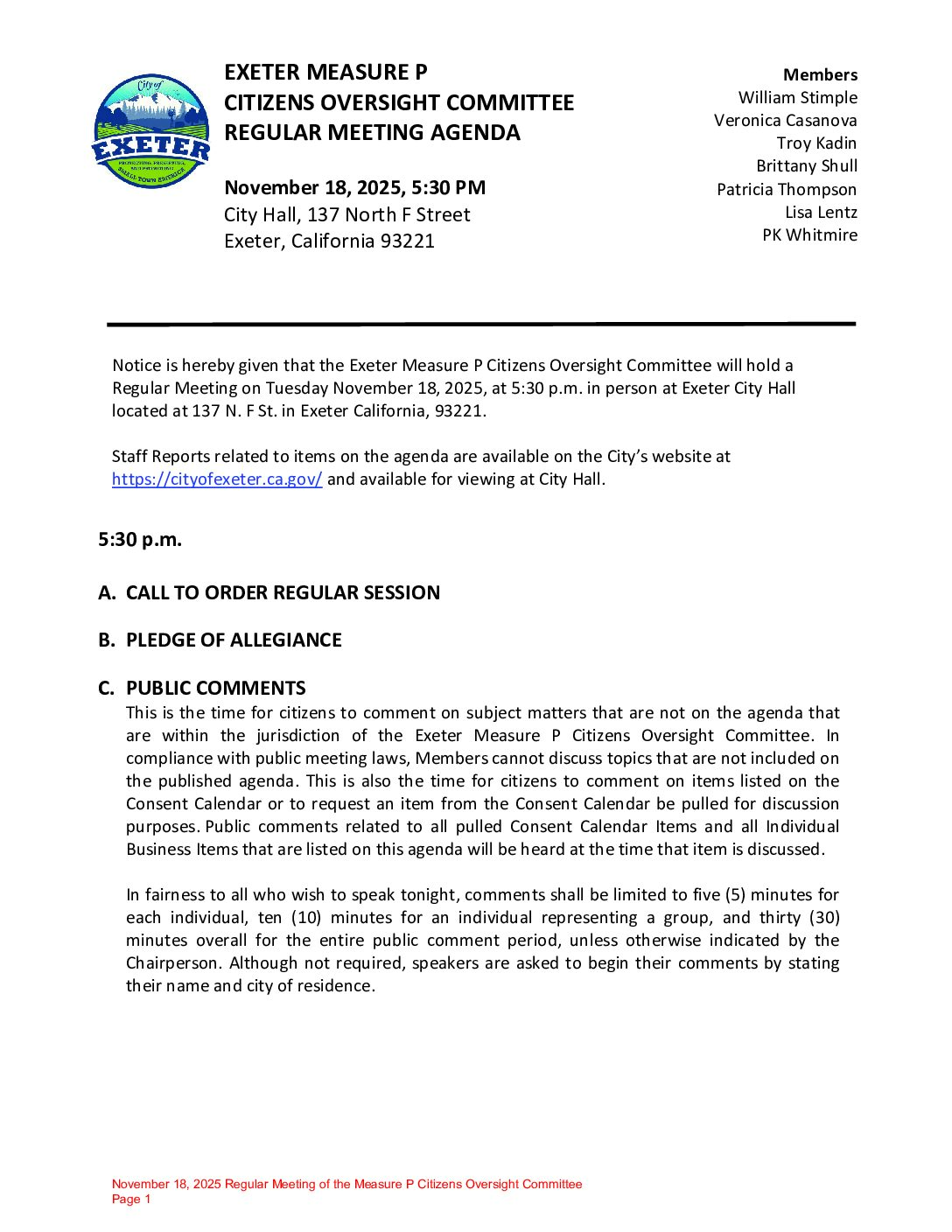 November 18, 2025 Regular Meeting of the Exeter Measure P Citizens Oversight Committee Agenda Packet
