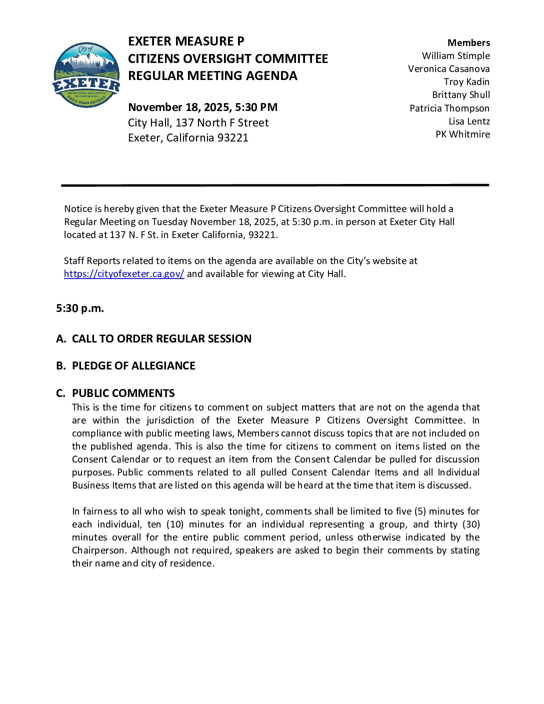 November 18, 2025 Regular Meeting of the Exeter Measure P Citizens Oversight Committee Agenda