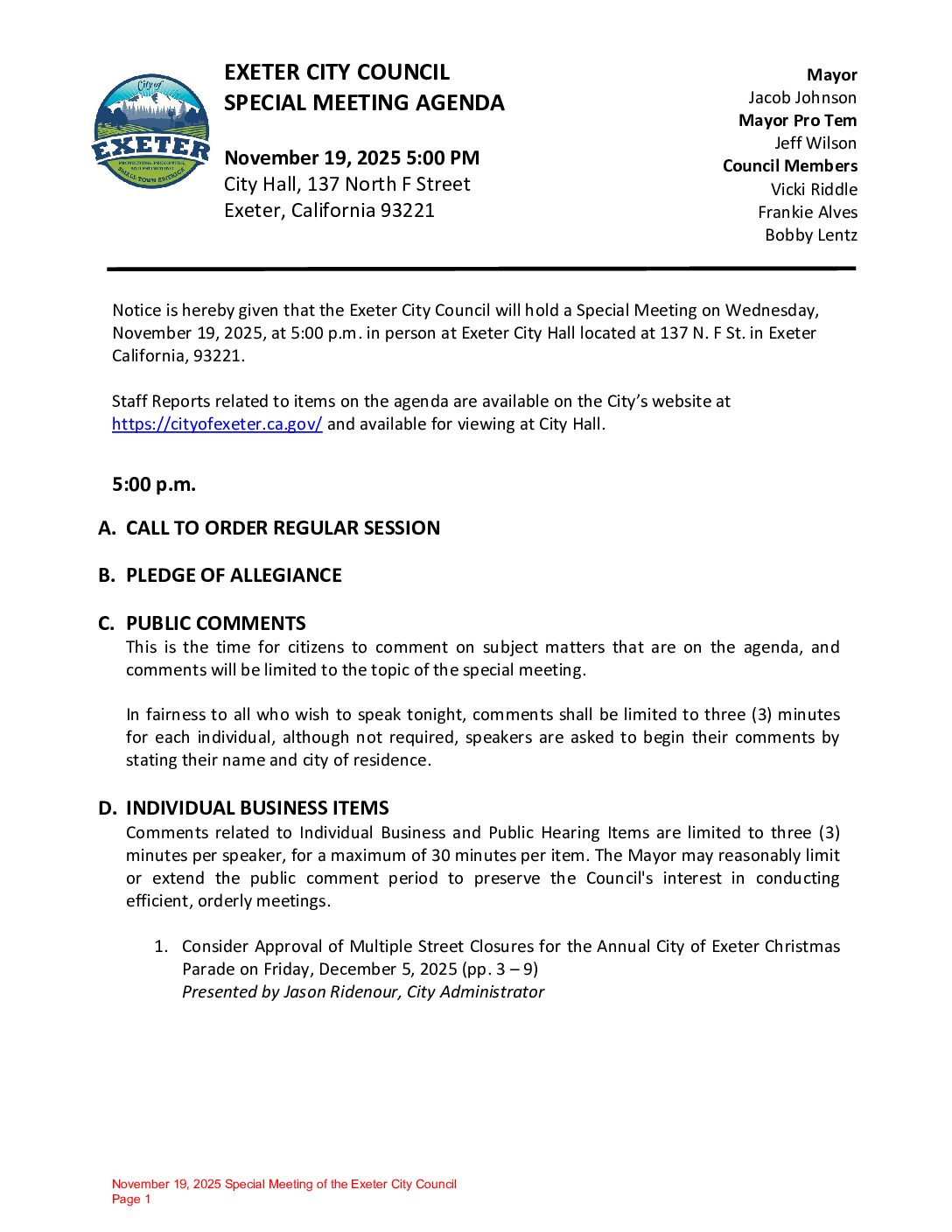 November 19, 2025 Special Meeting of the Exeter City Council Agenda Packet