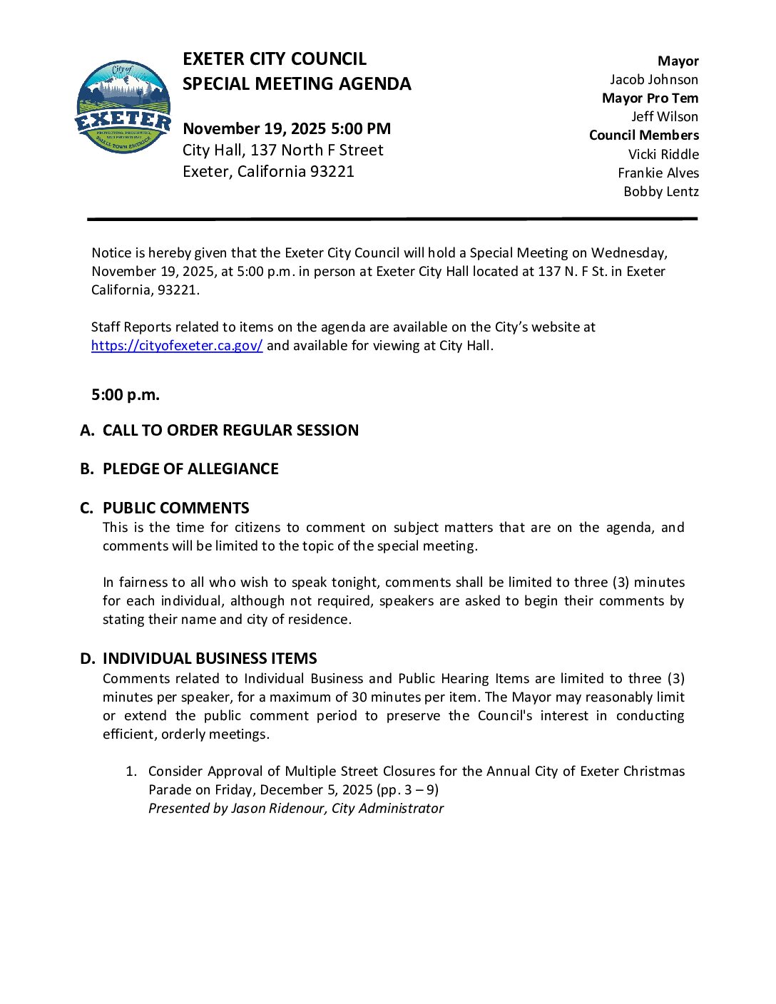 November 19, 2025 Special Meeting of the Exeter City Council Agenda