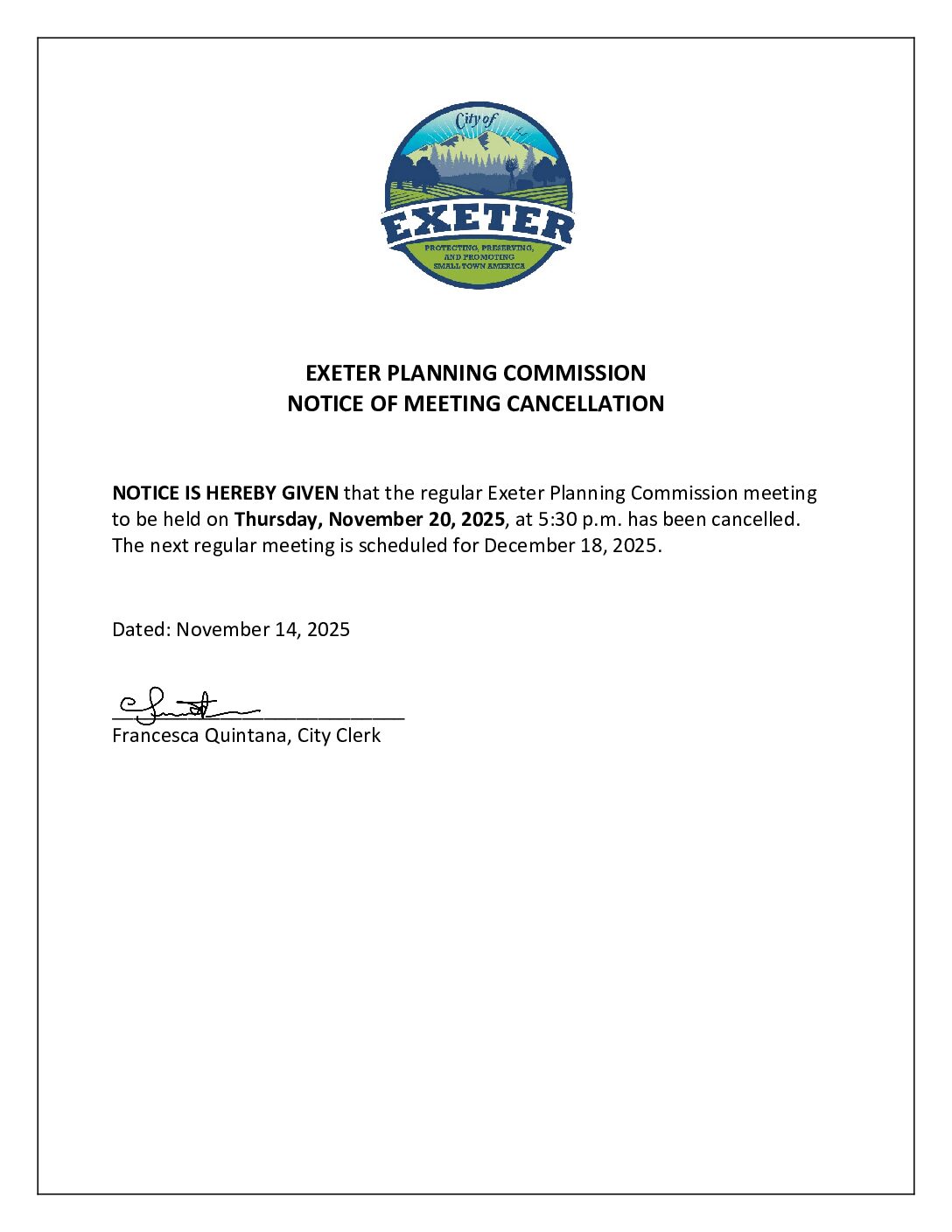 November 20, 2025 Exeter Planning Commission Notice of Cancellation