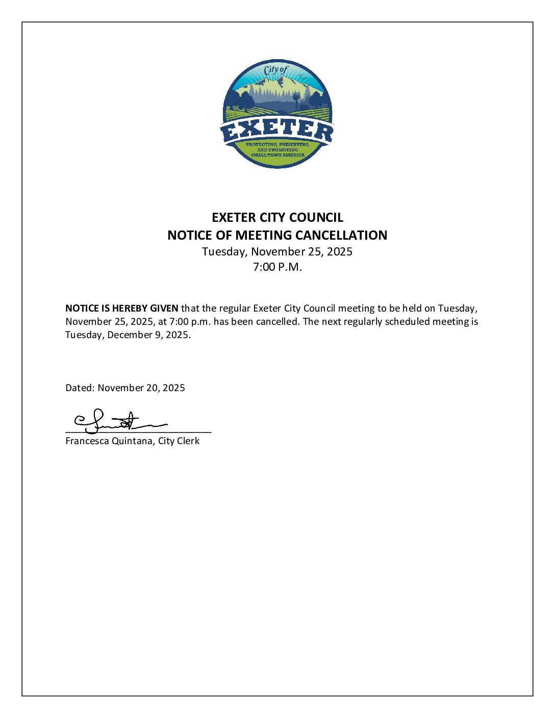November 25, 2025 Regular Meeting of Exeter City Council Notice of Meeting Cancellation