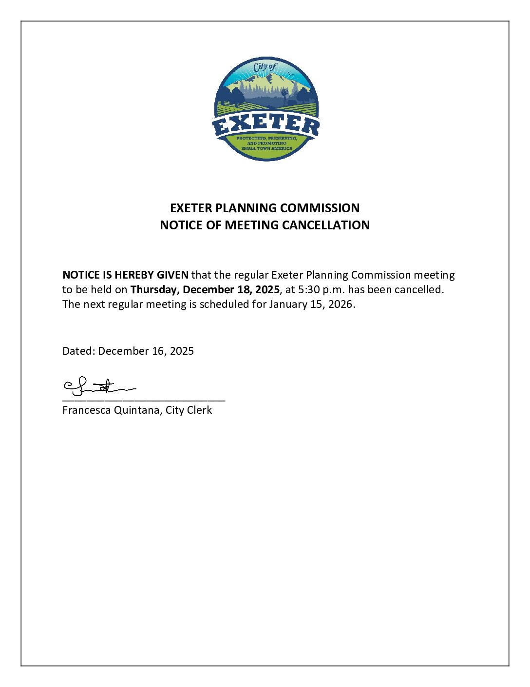 December 18, 2025 Regular Meeting of the Exeter Planning Commission Notice of Cancellation