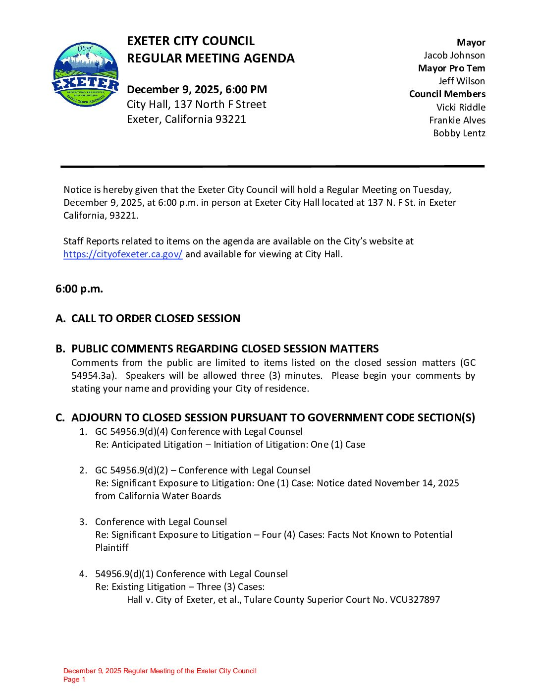 December 9, 2025 Regular Meeting of the Exeter City Council Agenda Packet