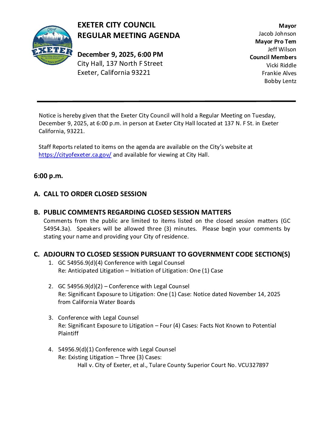 December 9, 2025 Regular Meeting of the Exeter City Council Agenda