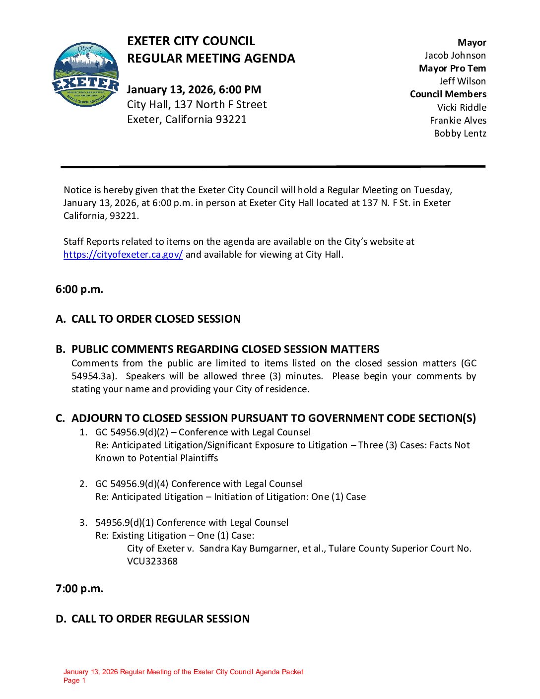 January 13, 2026 Regular Meeting of the Exeter City Council Agenda Packet