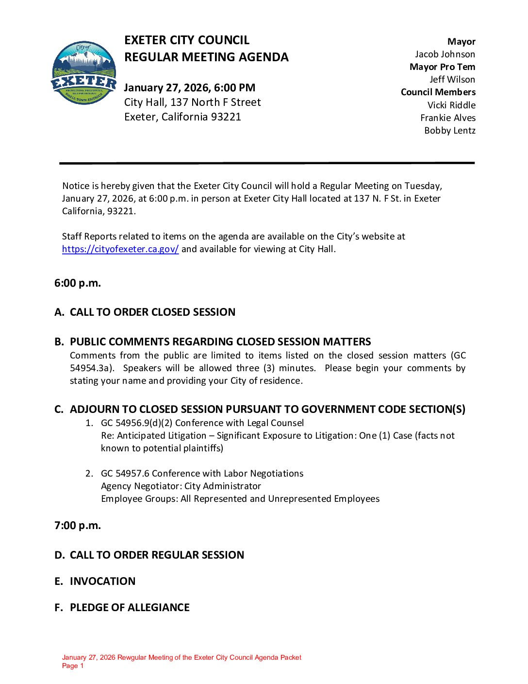 January 27, 2026 Regular Meeting of the Exeter City Council Agenda Packet