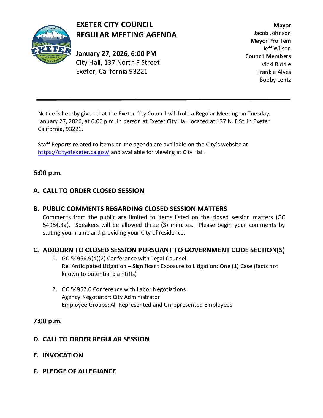 January 27, 2026 Regular Meeting of the Exeter City Council Agenda