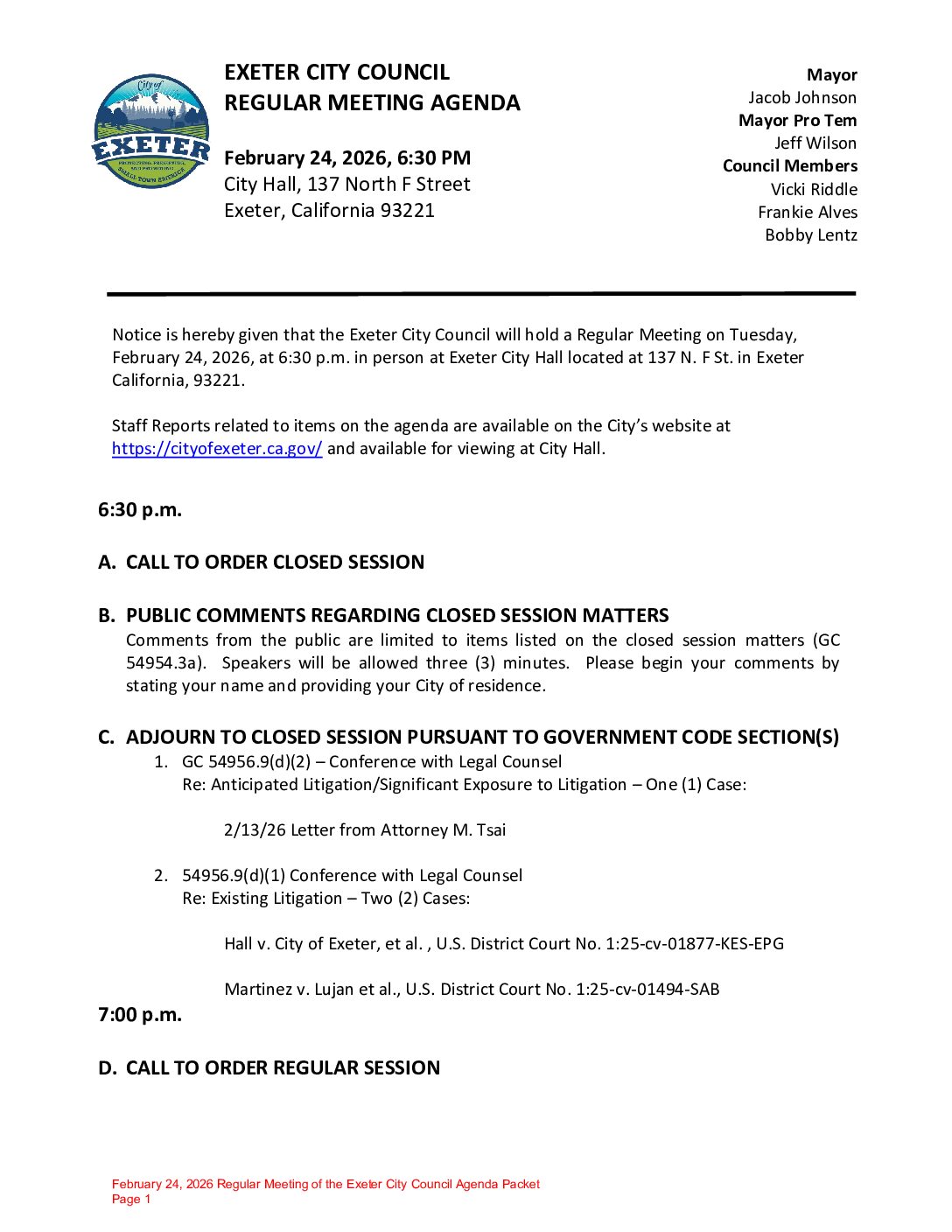 February 24, 2026 Regular Meeting of the Exeter City Council Agenda Packet