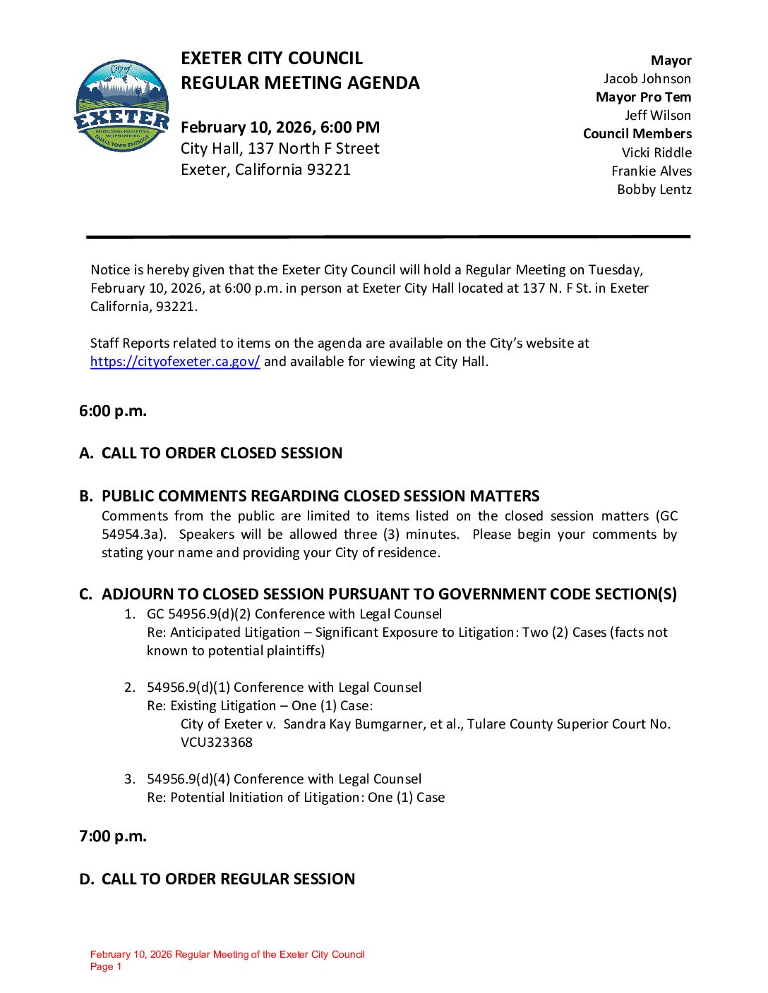 February 10, 2026 Regular Meeting of the Exeter City Council Agenda Packet
