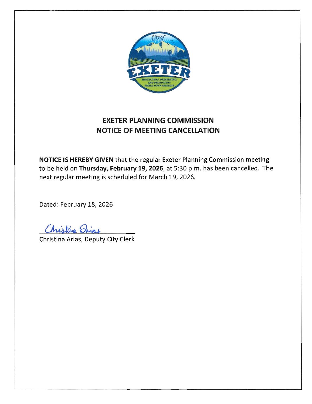 February 16, 2026 Exeter Planning Commission Notice of Meeting Cancellation
