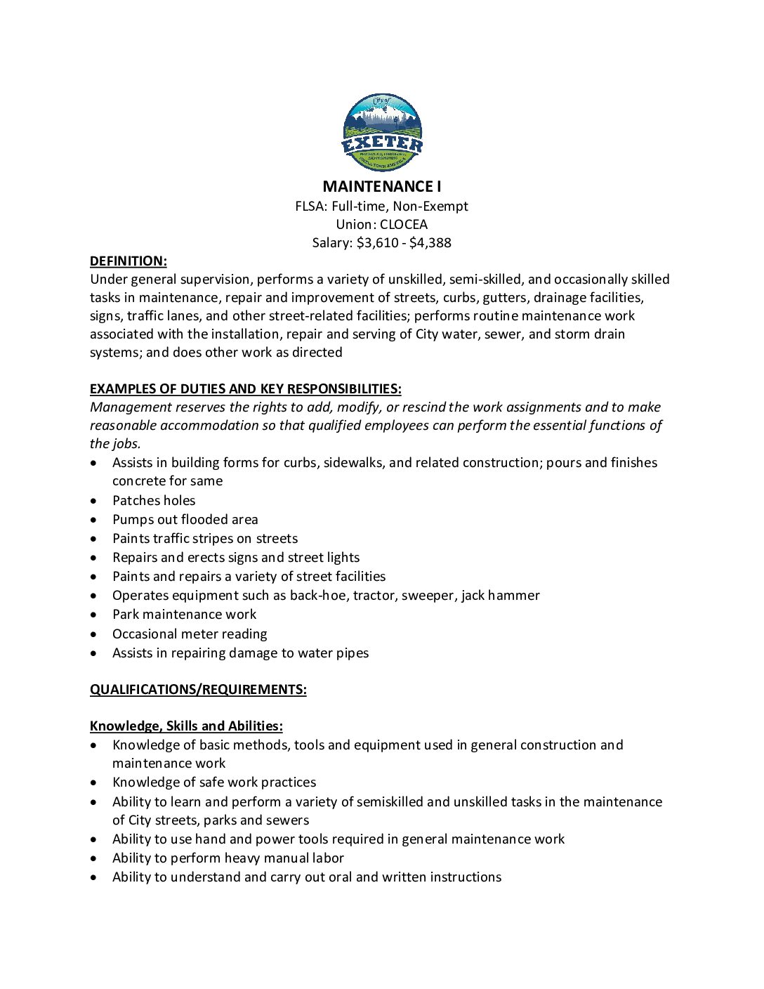 Maintenance I Job Description