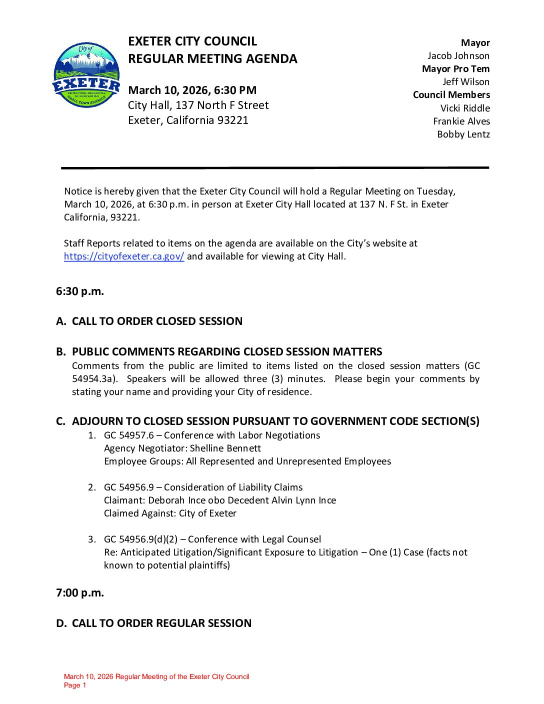March 10, 2026 Regular Meeting of the Exeter City Council Agenda Packet