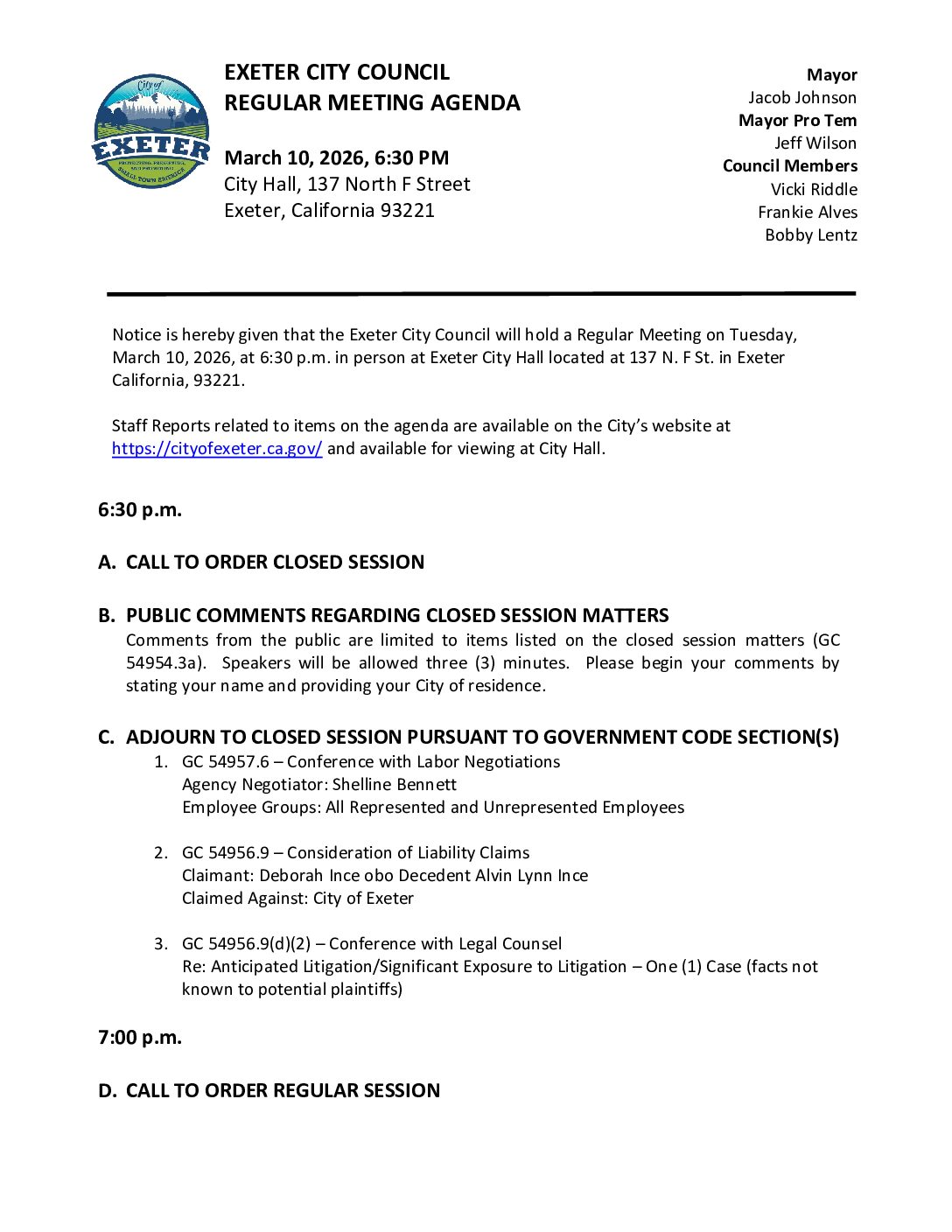 March 10, 2026 Regular Meeting of the Exeter City Council Agenda Packet