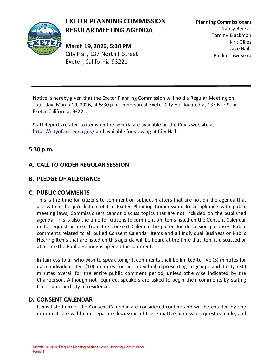 March 19, 2026 Regular Meeting of the Exeter Planning Commission Agenda Packet