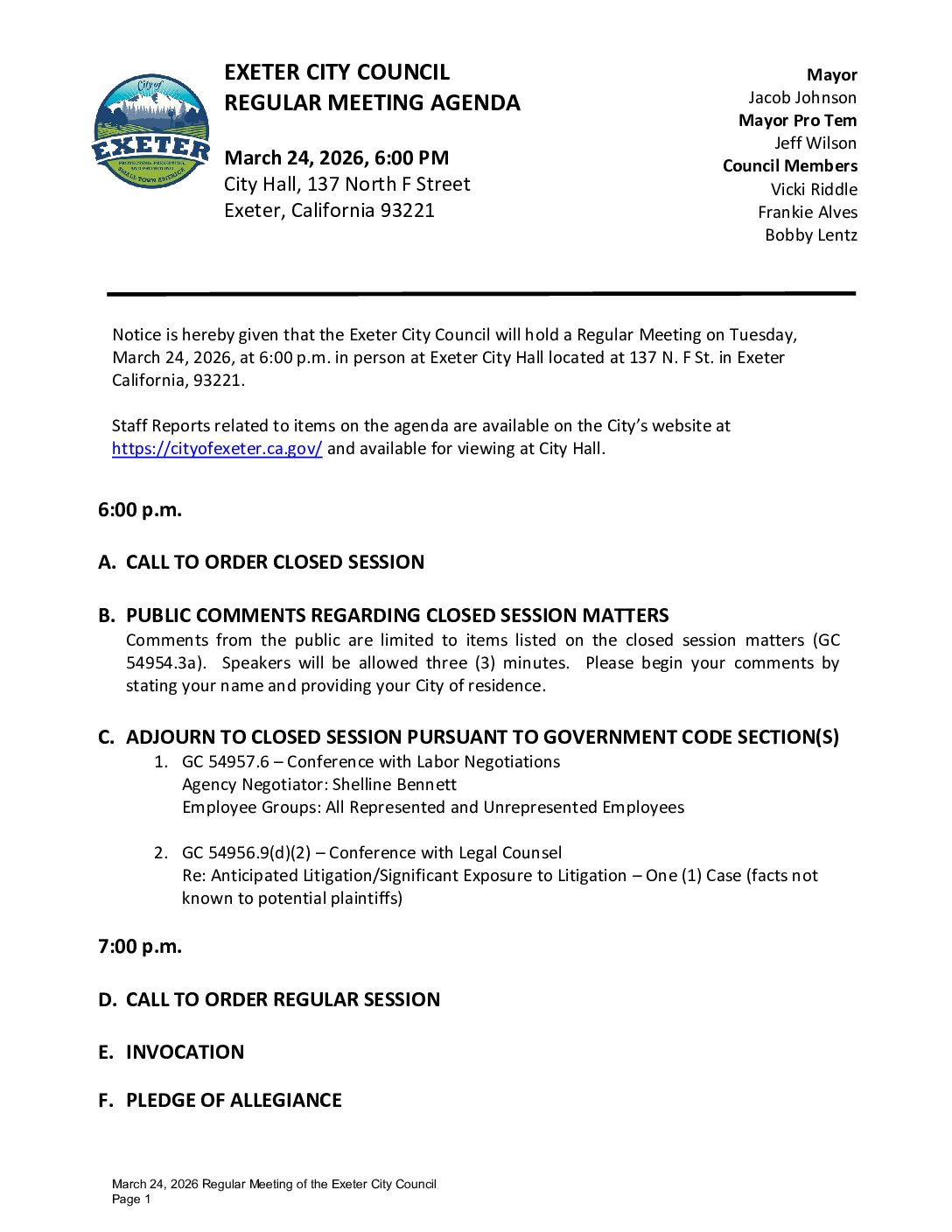 March 24, 2026 Regular Meeting of the Exeter City Council Agenda Packet