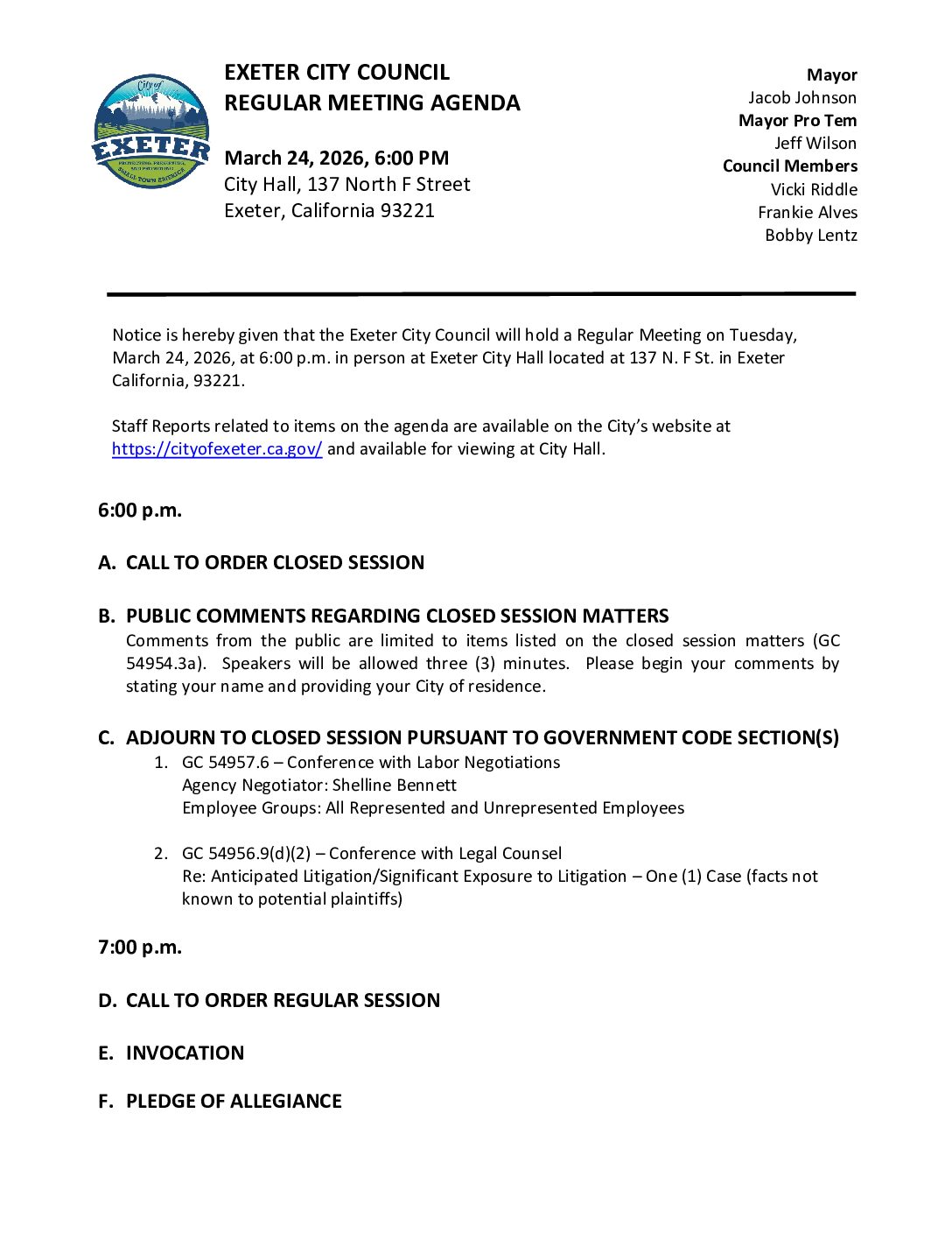 March 24, 2026 Regular Meeting of the Exeter City Council Agenda
