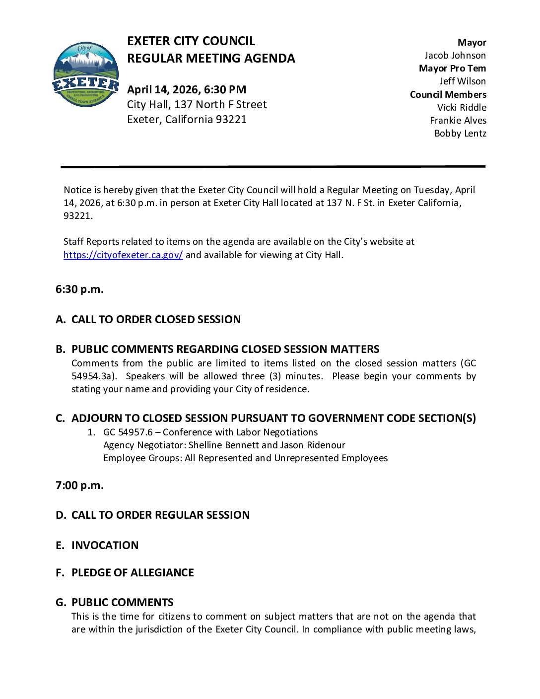 April 14, 2026 Regular Meeting of the Exeter City Council Agenda