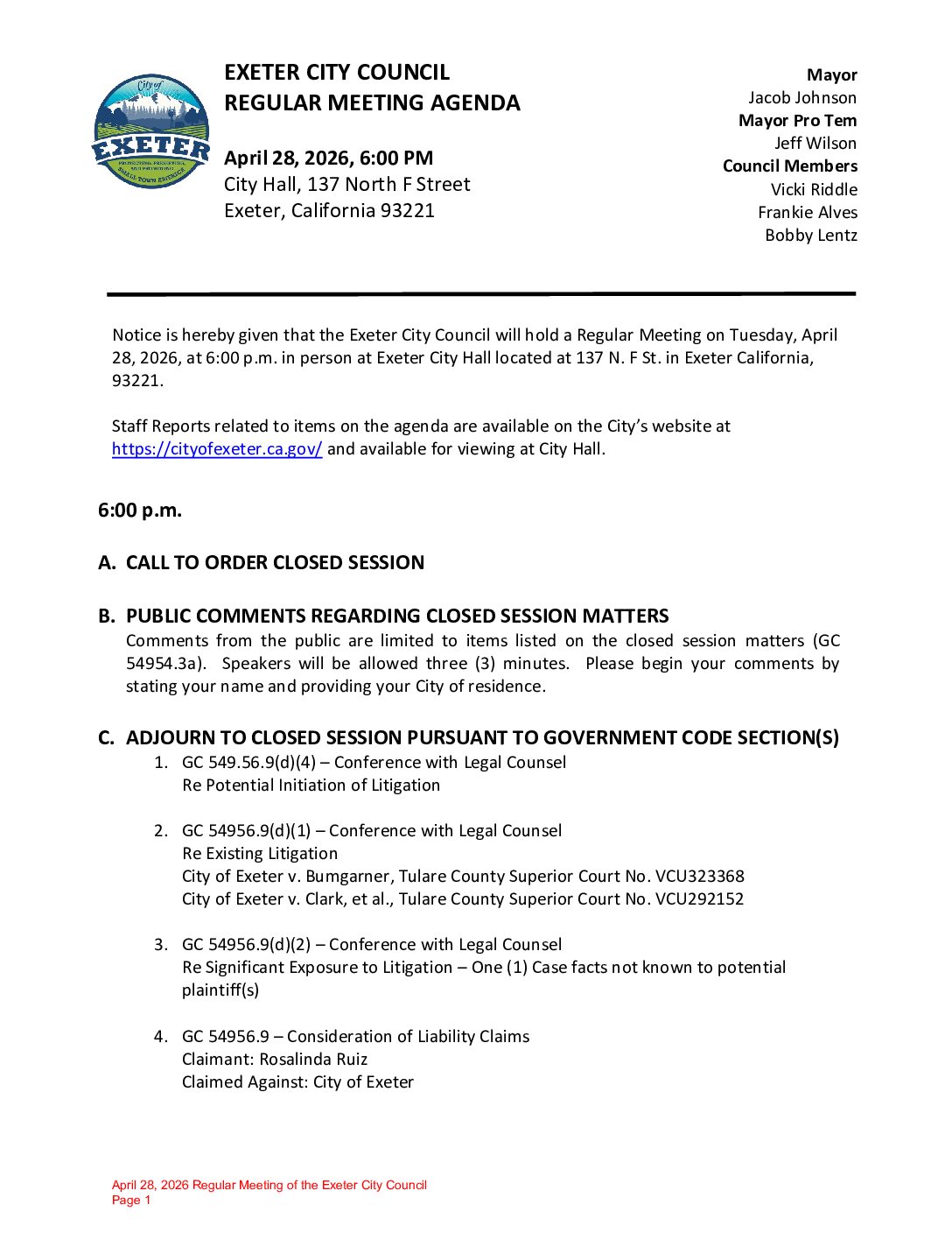 April 28, 2026 Regular Meeting of the Exeter City Council Agenda Packet
