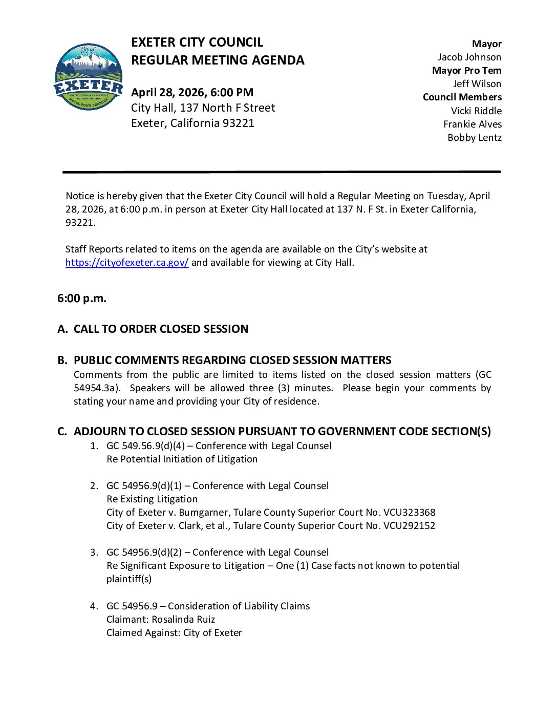 April 28, 2026 Regular Meeting of the Exeter City Council Agenda