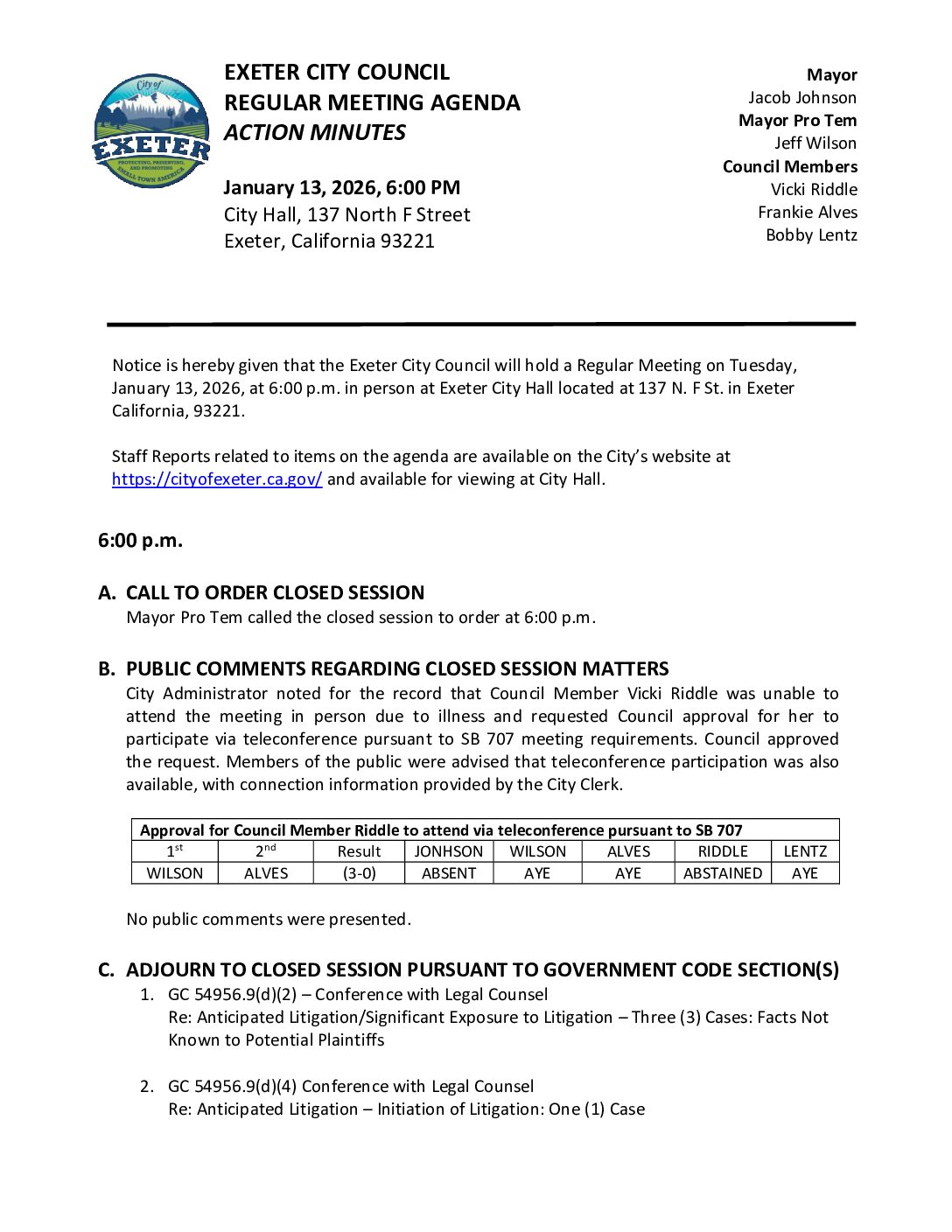 January 13, 2026 City Council Meeting Minutes