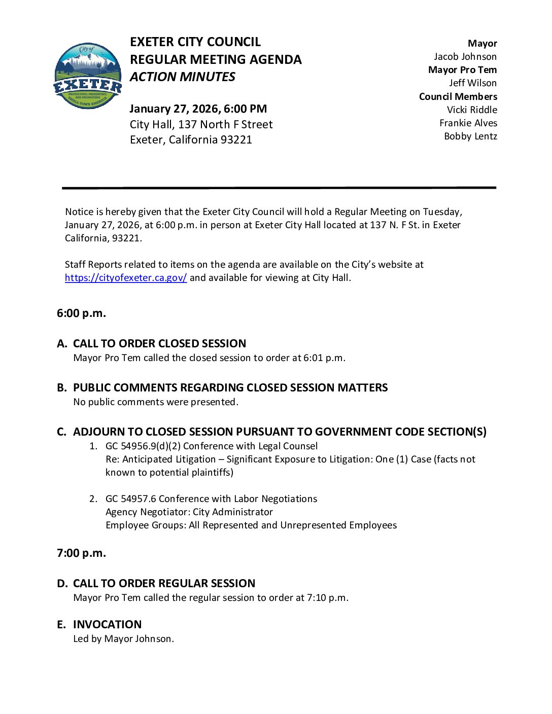 January 27, 2026 City Council Meeting Minutes
