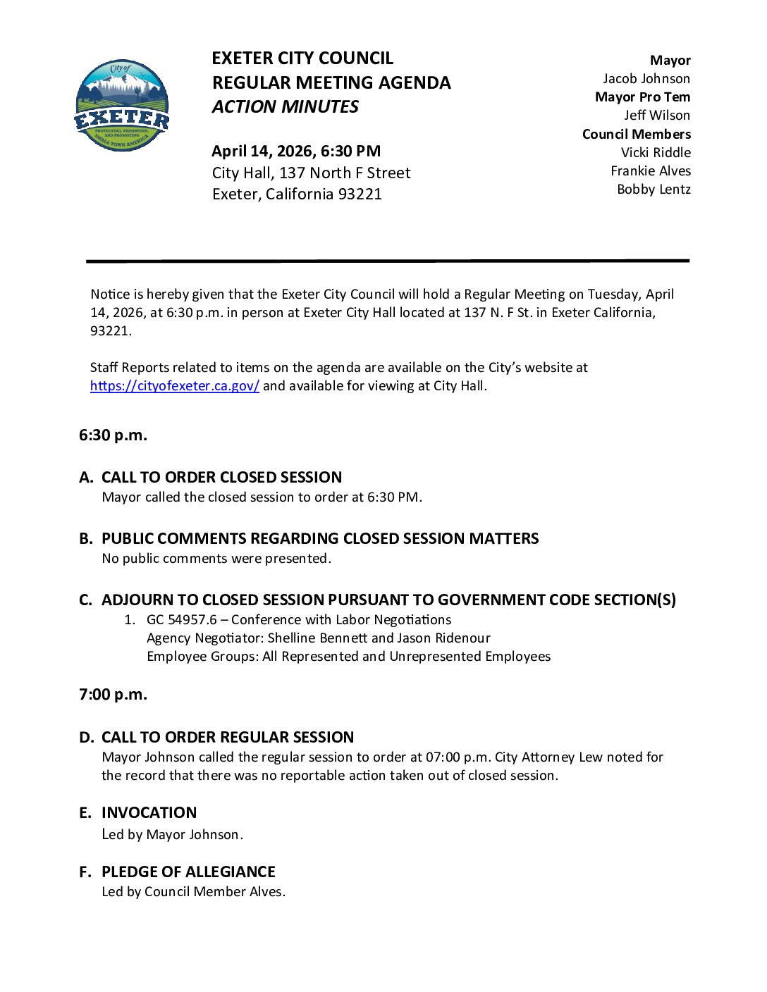 April 14, 2026 City Council Meeting Minutes