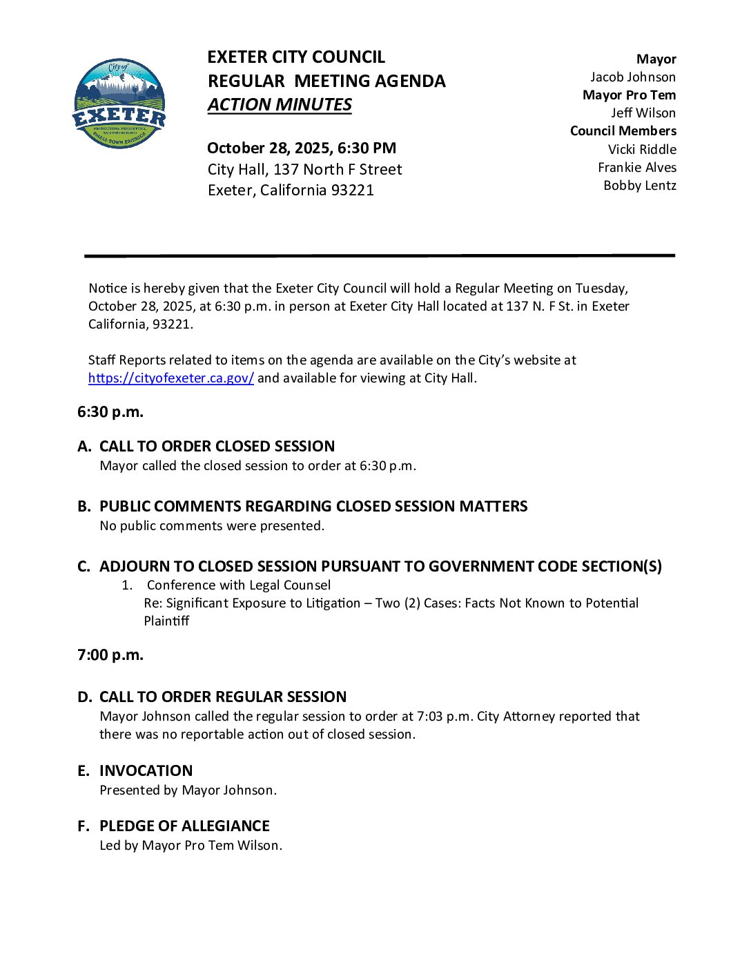 October 28, 2025 City Council Meeting Minutes