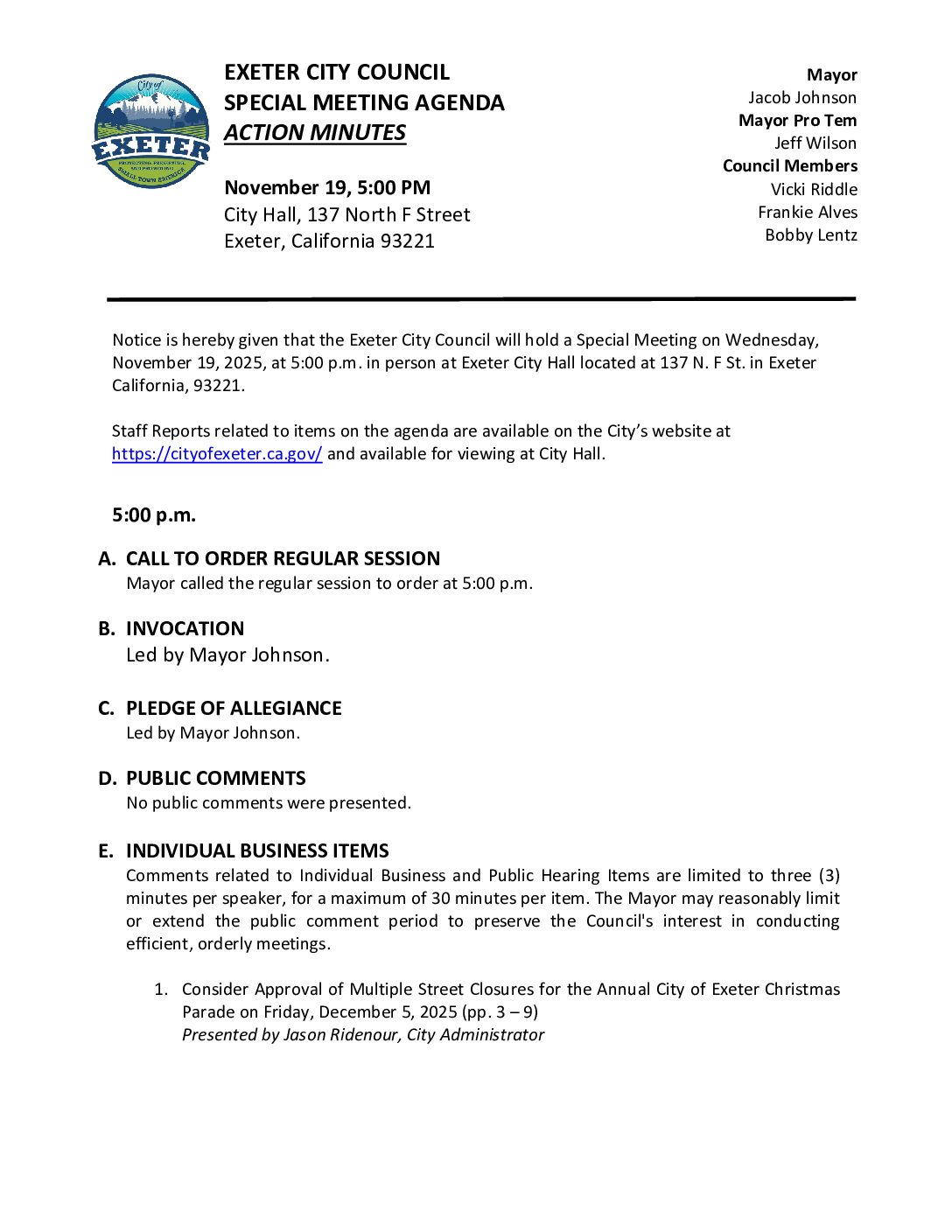 November 19, 2025 City Council Meeting Minutes