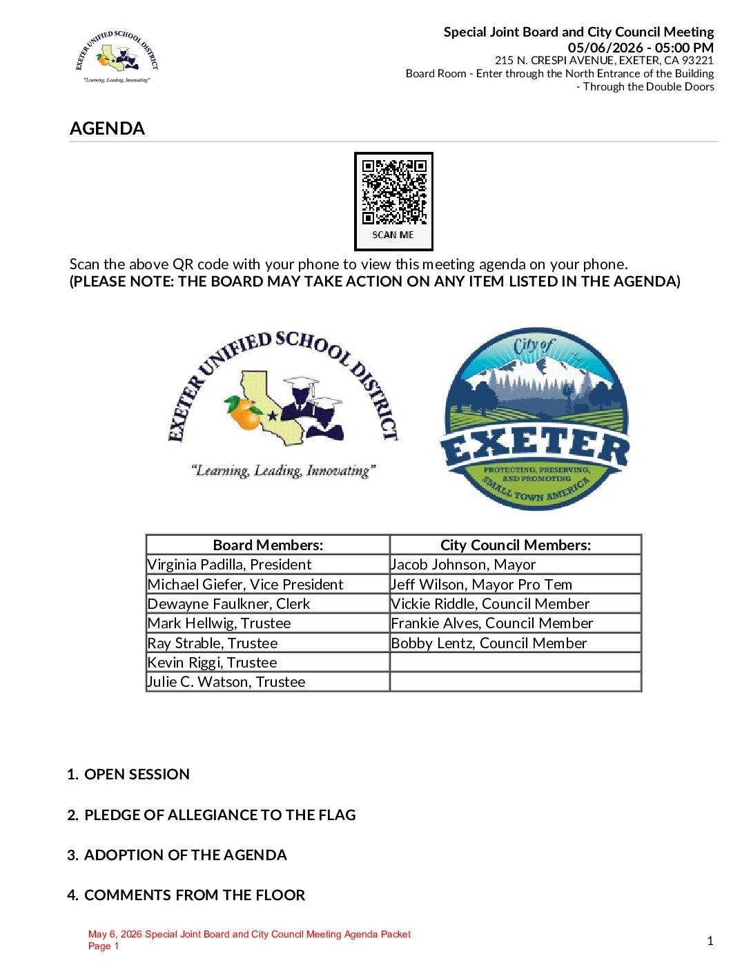 May 6, 2026 Special Joint Board and City Council Meeting Agenda Packet