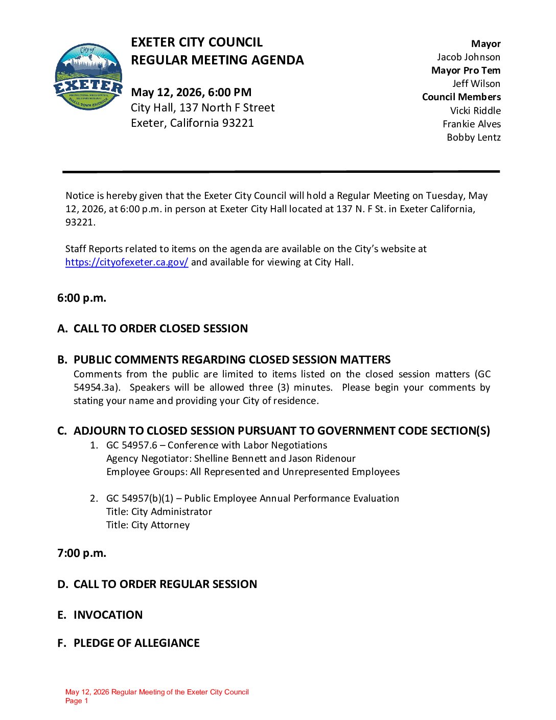 May 12, 2026 Regular Meeting of the Exeter City Council  Agenda Packet
