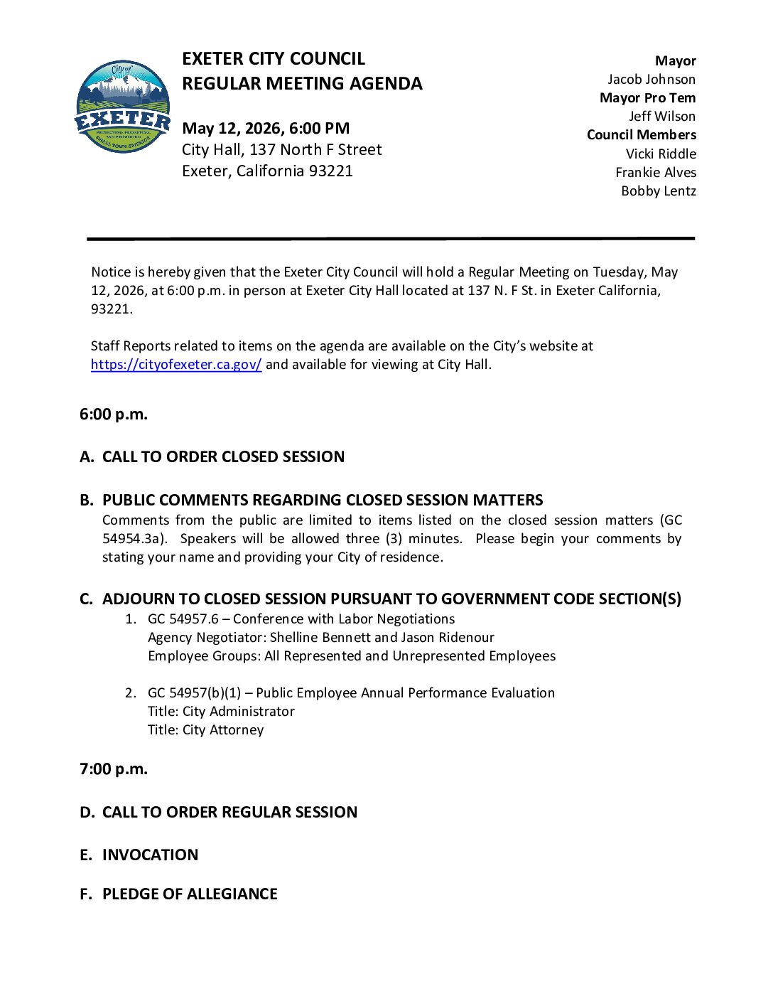 May 12, 2026 Regular Meeting of the Exeter City Council Agenda