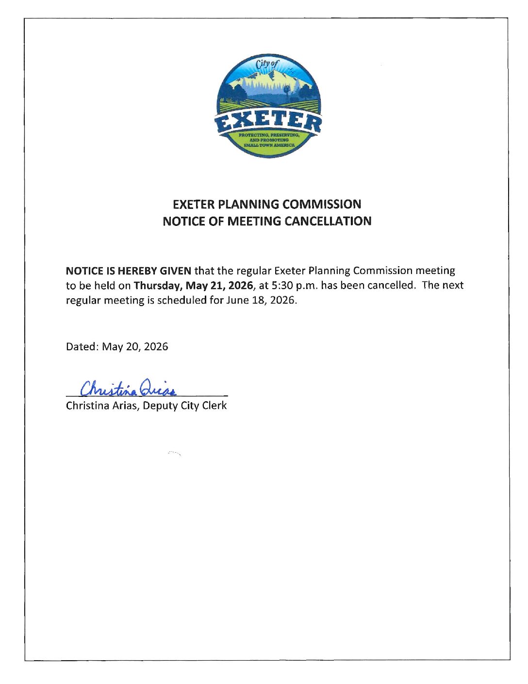 May 20, 2026 Exeter Planning Commission Notice of Meeting Cancellation
