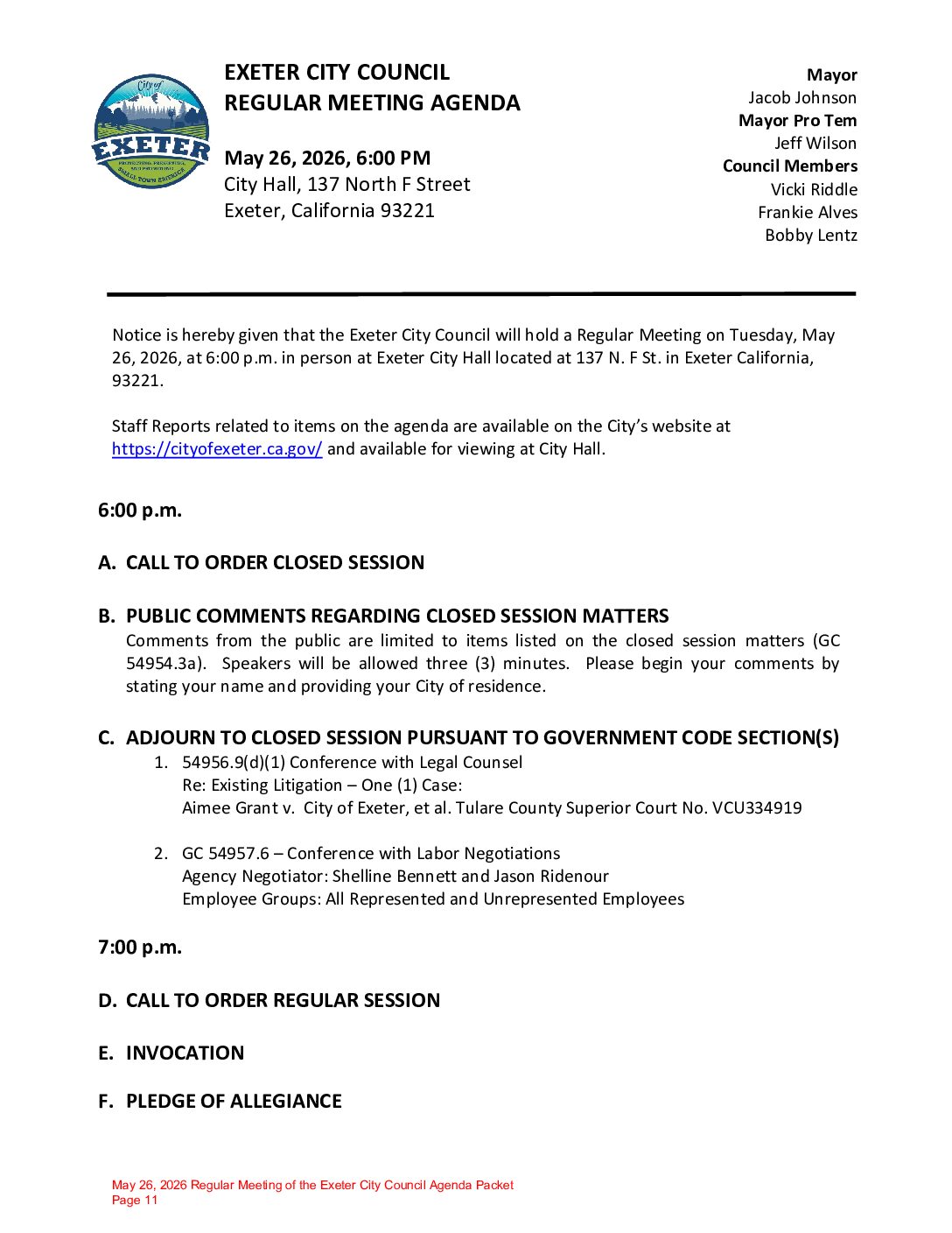 May 26, 2026 Regular Meeting of the Exeter City Council Agenda Packet