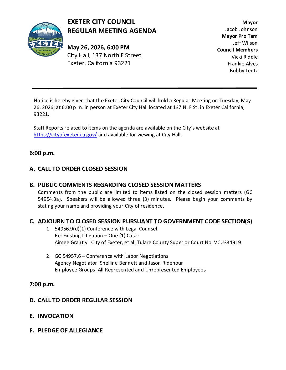 May 26, 2026 Regular Meeting of the Exeter City Council Agenda